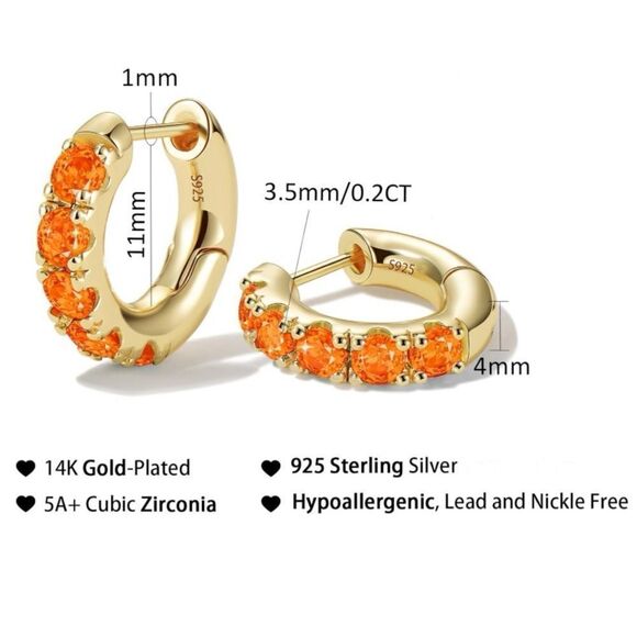 14K Yellow Gold Sterling Silver Orange Citrine Cubic Zirconia Huggie Earrings - Picture 2 of 8